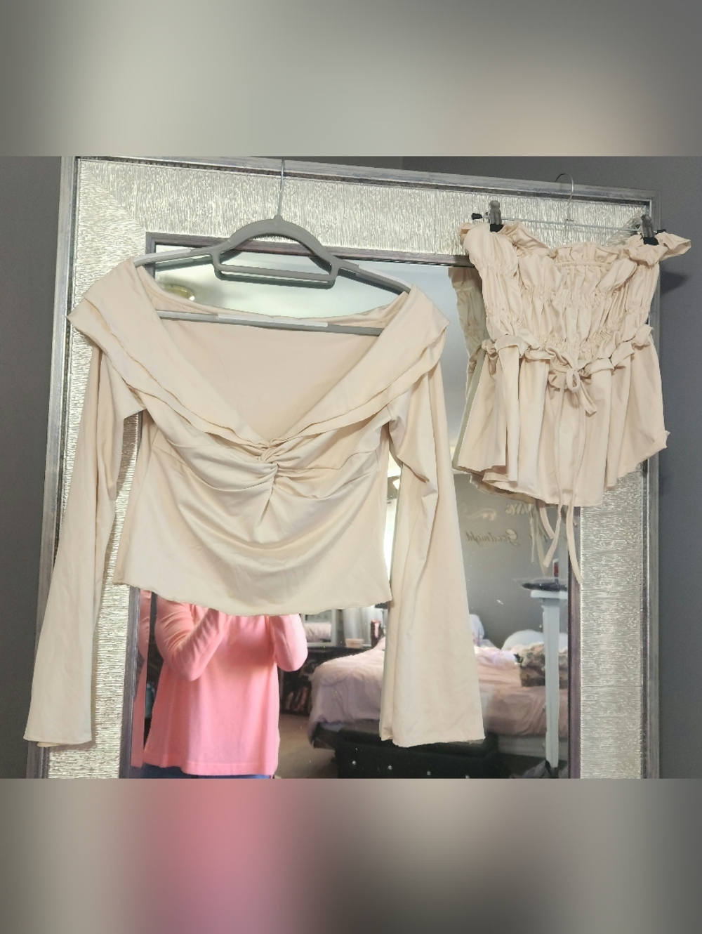 Cream Off-Shoulder Ruched Long Sleeve Top with Matching Smocked Bustier